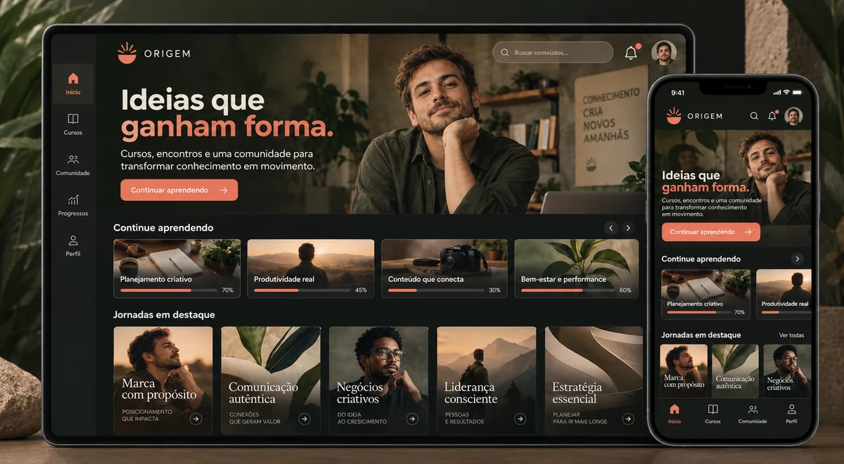 Exemplo de uma área de membros personalizada, com cursos e vitrine da sua marca